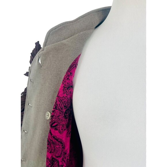 Y2K Free People Olive Green Brown Ruffle Military Jacket Steampunk Boho Academia - Picture 14 of 16